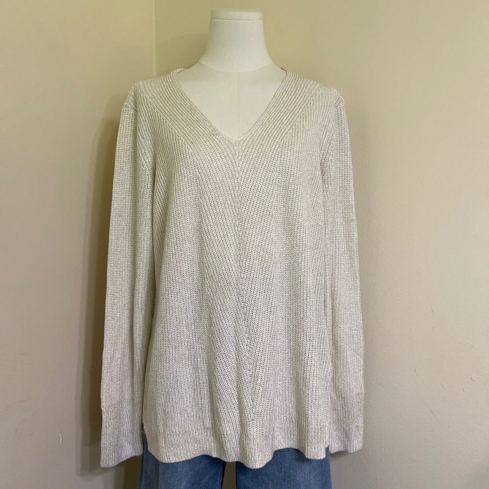 Chaps Womens Metallic Shimmer V-Neck Sweater Ivory Knit High Low Hem Large